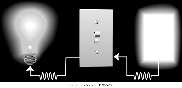 A set of shining light bulb, light switch, and your copy or graphic complete a circuit; a symbol of energy, power, bright ideas.