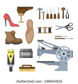 Set of the shoe repair equipment illustration. Hammer and scissors, boot and pricker. Working as cobbler. Isolated  flat illustration - Powered by Shutterstock