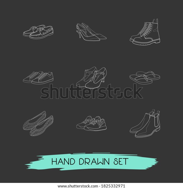Set of shoe types icons line style symbols with\
t-strap shoes, docksides, slingbacks and other icons for your web\
mobile app logo\
design.