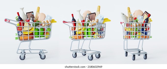 Set Of Shopping Cart Full Of Food On White Background. Grocery And Food Store Concept. Supermarket Trolley Cart With Fresh Products And Red Handle. Realistic Grocery Cart 3d Render Illustration.