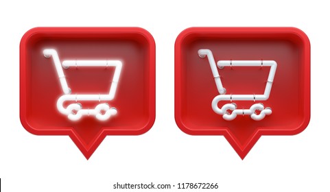 Set Shopping Cart Icon On A Red Pin Isolated On White Background. Neon Market Symbol. 3d Render
