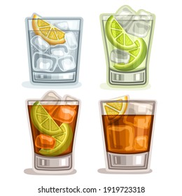 Set Of Short Drinks: 4 Glasses With Alcohol Cocktail Gin Tonic, Caipirinha Or Mojito Drink, Cuba Libre, Old Fashioned Or Long Island Iced Tea Cocktails, Whiskey With Ice Cubes, Fizzy Lemonade.