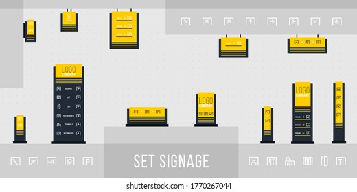 Set Of Signage. Direction, Pole, Wall Mount And Traffic Signage System Design Template Set. Exterior And Interior Signage Concept. Office Exterior Monument Sign, Pylon Sign.