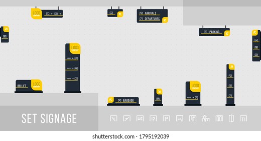 Set Of Signage. Direction, Pole, Wall Mount And Traffic Signage System Design Template Set. Exterior And Interior Signage Concept. Office Exterior Monument Sign, Pylon Sign.