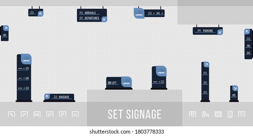 Set Of Signage. Direction, Pole, Wall Mount And Traffic Signage System Design Template Set. Exterior And Interior Signage Concept. Office Exterior Monument Sign, Pylon Sign.