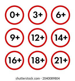 A Set Of Signs For Age Restrictions From Zero To Twenty One. Red Cirlce Symbols. Illustration.