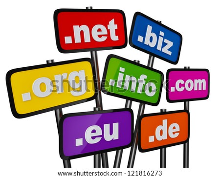 Set of signs with domains as buttons for searching in the Internet and social networks on a white background