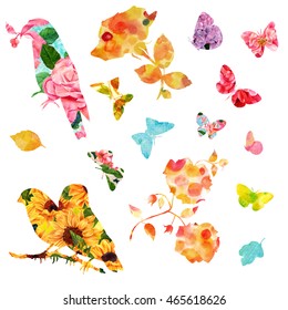 A set silhouettes birds  butterflies  flowers   leaves  filled and fancy watercolor textures and drawings roses  camellias  lilies   other flowers    abstract paint strokes  white