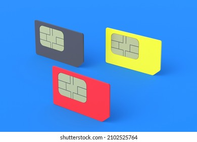 Set of sim cards for mobile phone. Global communications. Prepaid cellular services. Mobile operator. 3d render