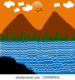 A Set Of Simple Creative Hand Painted Illustrations. Abstract Natural Landscape Backgrounds.  Mountain, Forest, Sea, Sky, River, Sun