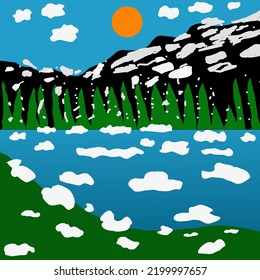 A Set Of Simple Creative Hand Painted Illustrations. Abstract Natural Landscape Backgrounds, Sea, Sky, River, Sun