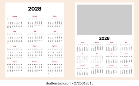 Set of simple vector calendars for 2028 in English with a photo template.