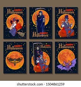 Set six cartoon style Halloween posters and Halloween characters  Hand drawn invitations greeting cards  Isolated illustrations 