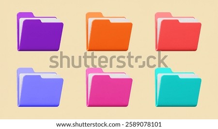 A set of six colorful 3D folder icons in purple, orange, pink, and teal on a beige background, representing file organization.
