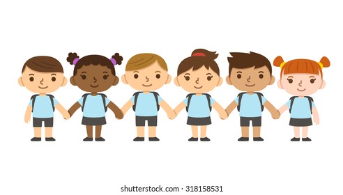 A set of six cute diverse children wearing school uniform with backpacks and holding hands. Different skintones and hairstyles. - Powered by Shutterstock