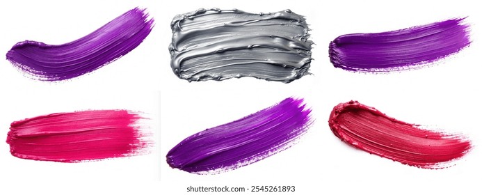 A set of six different colored brush strokes, each with a different hue. The brush strokes are all purple, with some being more vibrant than others. Concept of creativity and artistic expression