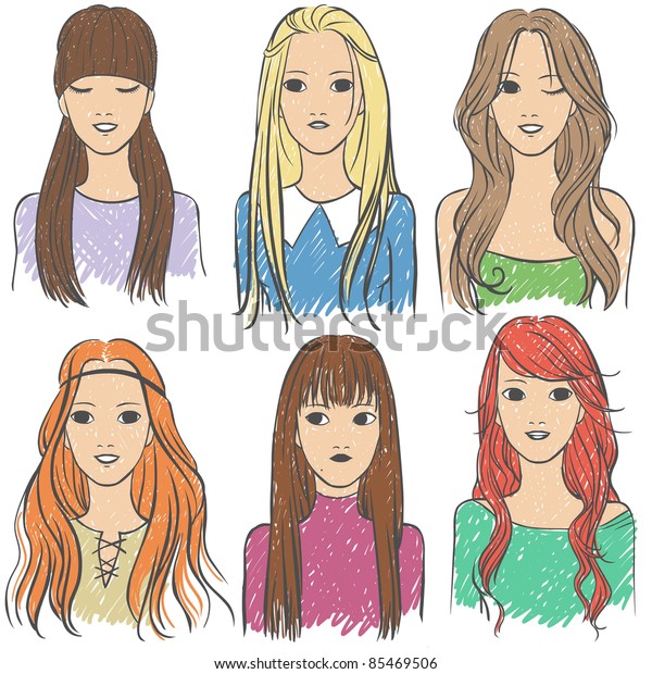 Set Six Girls Different Hairstyles Long Stockillustration