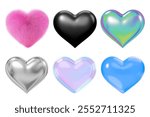 Set of six heart shapes: fluffy pink, black , iridescent, silver, translucent , and blue. Vibrant heart designs.