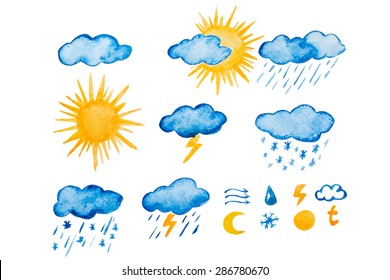 Set of sixteen high quality watercolor raster weather icons. Rain, storm, sun, cloud, thunder, moon, temperature, wind, snow and slush. 