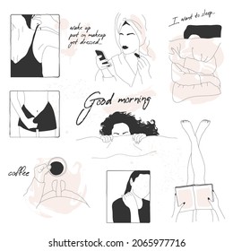 Set Of Sketches On The Topic Good Morning.The Collection Is A Linear Silhouette Of A Young Woman.Icons And Emblems For Social Media Story Highlight Covers.