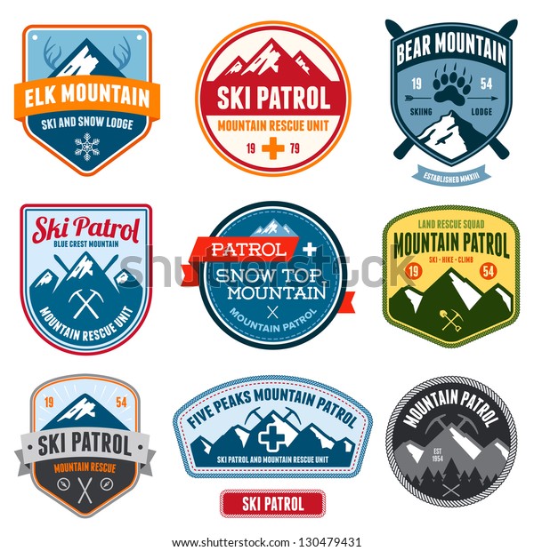 Set of ski\
patrol mountain badges and\
patches