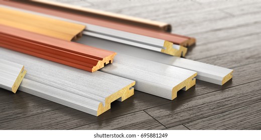 Set of skirting different form on a wood background. 3d illustration