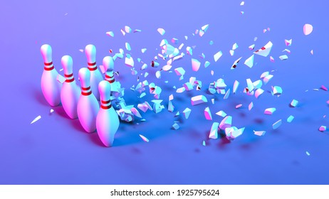 set of skittle in neon light falling into small parts, 3d illustration