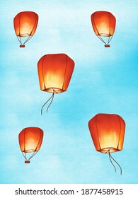 Set of sky lanterns. Night starry sky 