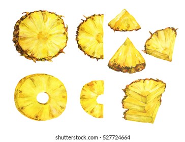 Set Of Slice Ripe Pineapple. Watercolor Illustration On A White Background.