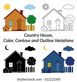 Set Of Small Cartoon Country Houses With Dog Kennel And Tree In A Garden, Different Variations, Day, Night, Black And White Contour And Silhouette Isolated On White Background. 