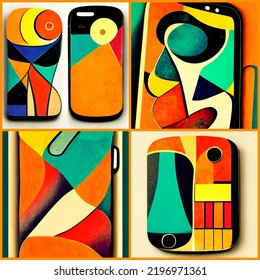 Set Of Smartphone Images In The Style Of Pablo Picasso. A Series Of Four Paintings In The Same Style. 3d Rendering