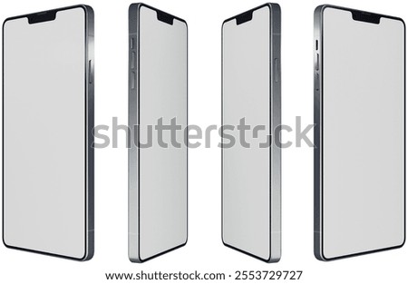Set of Smartphone mockup 3D rendering blank white screen on a white background. Perspective view by 45 and 65 degrees, clockwise and counterclockwise rotation.