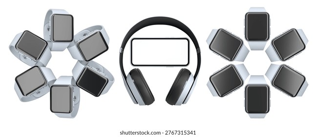 Set of smartwatches arranged in circular patterns with headphones and smartphone centered, isolated on white background, tech concept