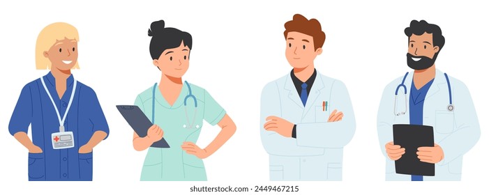 Set of smiling doctors, nurses and paramedics. Portraits of male and female medic workers in uniform with stethoscopes, masks and gloves. Flat cartoon  illustration isolated on white background - Powered by Shutterstock