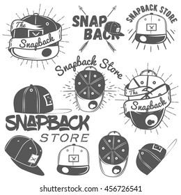Set of snapback store labels in vintage style. Design elements, icons, logo, emblems and badges isolated on white background. Flat cap hats concept illustration.