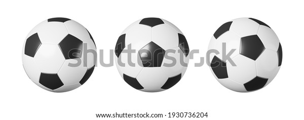 Set of soccer ball or football with different view on white isolated background. Simple design. Sports equipment wall mural. 3D rendering .