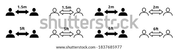 Set of social\
distancing icons. People divided by social distance lines of 1.5\
and 2 meters and 5 and 6\
feet
