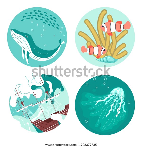 Set of Social Media Story highlight icons in\
sea stile. Underwater scene with blue whale, cute anemones,\
beautiful jellyfish and marine sailing ship among storm waves. Flat\
Art Rastered Copy\
illustrat