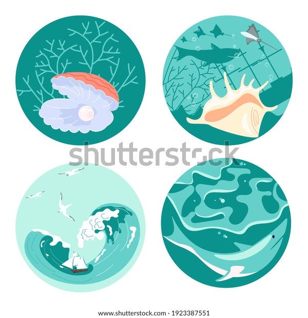 Set of Social Media Story highlight icons in sea\
stile. Underwater scene beautiful pearl and animal shells, danger\
shark and marine sailing ship among storm waves. Flat Art Rastered\
Copy