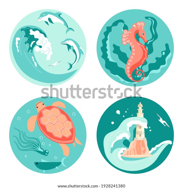 Set of Social Media Story highlight icons in sea\
stile. Underwater scene with beautiful sea turtle, dolphins jump on\
waves, seahorse hiding in seaweed, lighthouse on rock. Flat Art\
Rastered Copy illus