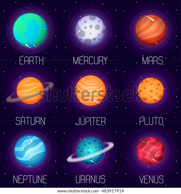 Set of solar system planets in\
cartoon style. Outer space design elements and\
icons.