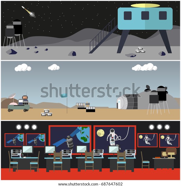 Set of space concept posters,\
banners. Mission control center, outer space, space bases on Mars\
and on the Moon, space technologies flat style design\
elements.