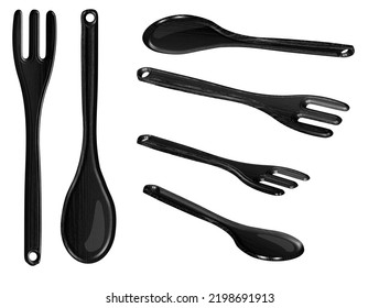 A Set Of Spoon And Fork Black Wood Grain With Holes To Hang On Wall For Decor Or Utensils To Use In The Kitchen 3D Illustration With 3 Different Angle Positions With White Background, Isolated.