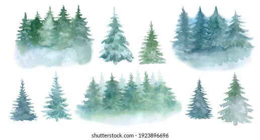 Set Of Spruce, Pine Trees, Trees Isolated On A White Background. Landscapes. Illustration. Watercolor. Clip Art.