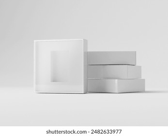 Set of square flat box mockup, Thin square container with clear plastic cover lid mockup, Empty rigid box with product lock tray inside showcase, transparent plastic and paper box mockup, stack of box