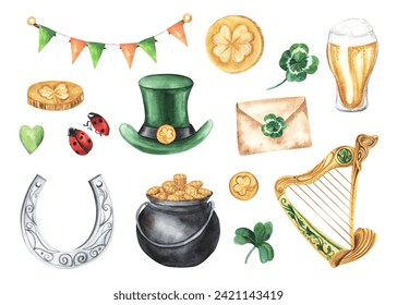 Set for st. Patrick's day with green hat, green heart, harp, beer, shamrock and horseshoe, envelope, pot of gold; watercolor hand draw illustration; ; with white isolated background - Powered by Shutterstock