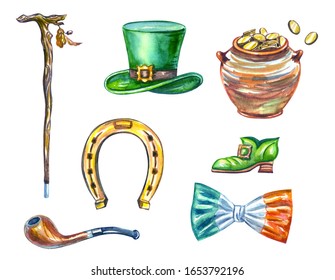 Set For St. Patrick's Day: Staff, Smoking Pipe, Horseshoe, Leprechaun Hat, Pot Of Gold Coins, Boot, Watercolor Painting On A White Background, Clipart, Isolated.