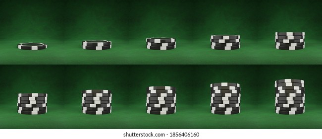 Set Of Stacked Poker Chips Isolated On Green Background. Black Casino Chips Stack From 1 To 10 On Green Table. 3d Render.