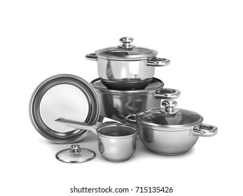 Set Of Stainless Steel Pots And Pans Isolated On White Background. 3d Illustration