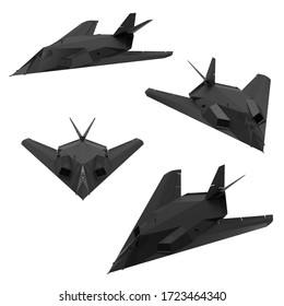 Set Of Stealth Military Aircraft. Black Plane. F-117. Military Stealth Aircraft. 3D Illustration.